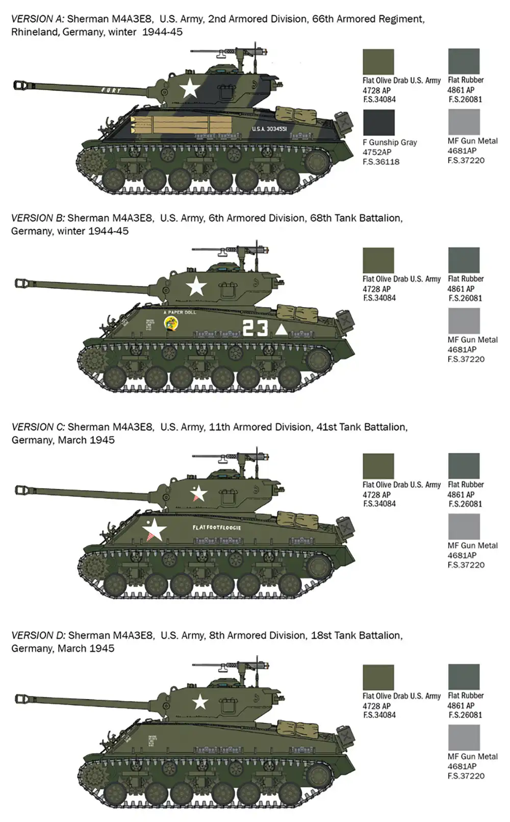 Italeri Sherman M4A3E8 Fury Tank WWII Model Kit Scale 1:56