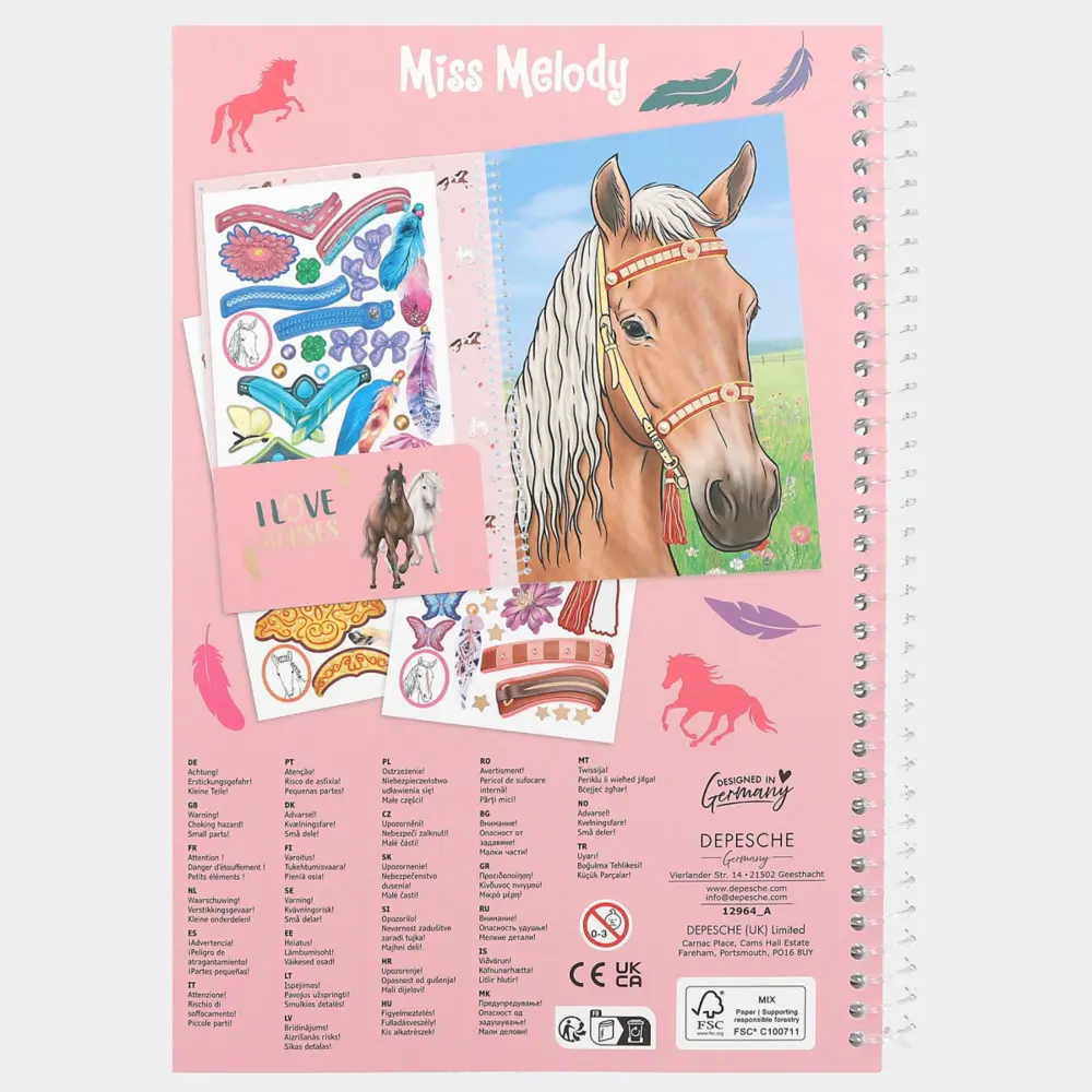 Depesche Miss Melody 12471 - Libro da colorare Stick & Shine, 24 pagine con fantastici motivi a cavallo, da colorare e disegnare