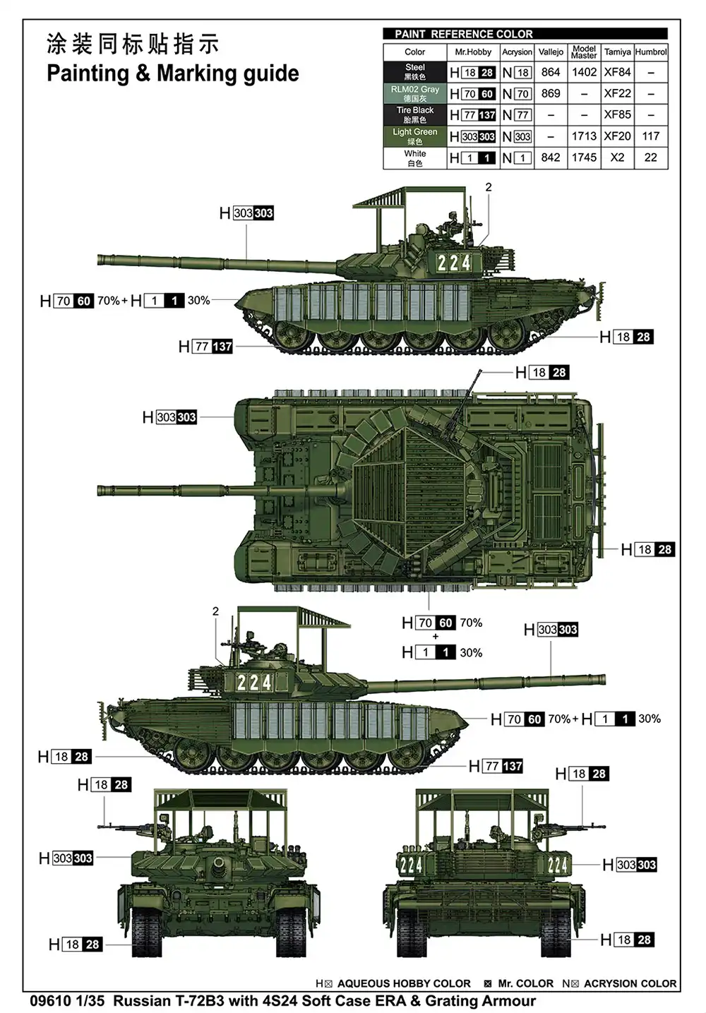 Trumpeter Soviet Main Battle Tank T-72B3 4S24 & Grating Armour Model ...